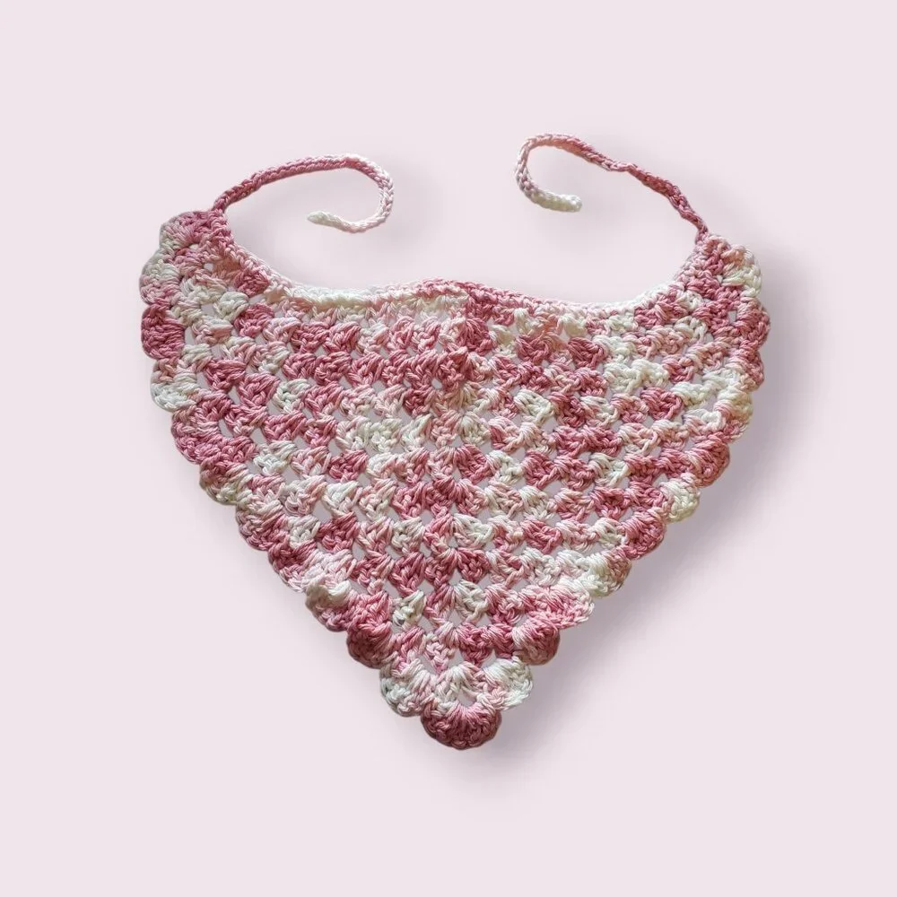 Handmade Crochet Granny Stitch Pink White Cotton Bandana Summer Festival Casual‎